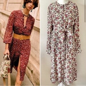 SEZANE Alix Floral Midi Shirt Dress Autumn Rose Event Wedding Guest Prairie
